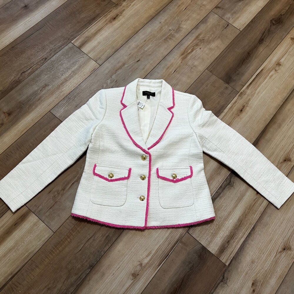 NWT - Talbots Tweed Fringe Jacket 6 Petite Cream Pink Trim Gold Buttons Blazer - Picture 3 of 14